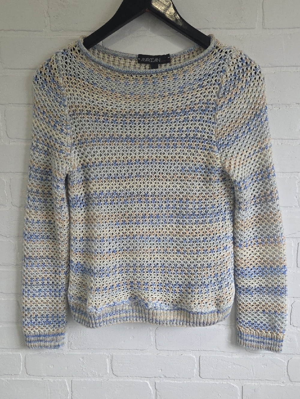 Marc Cain Cream, Blue & Tan Open-Weave Knit Sweater